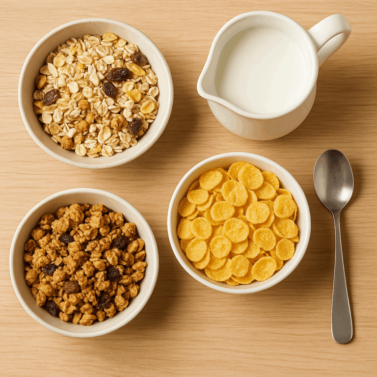 granola, müzli és reggelizőpehely tejjel egy asztalon